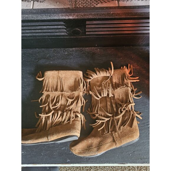 Minnetonka 3-Layer Fringe Boot Brown Suede Leather Boots Sz 9 - Picture 7 of 7